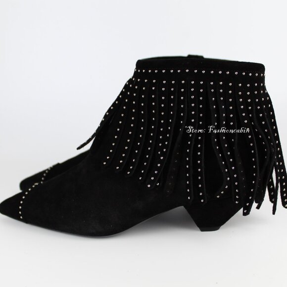 NEW SAINT LAURENT Blaze Laced Fringe Ankle Boots – Suede Studded Western Boots - Picture 4 of 15
